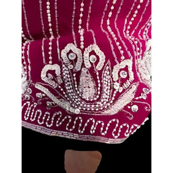 Vintage Fuchsia Beaded Silk Blouse With Pearl & Sequin Embellishments Short Slee - Picture 10 of 11